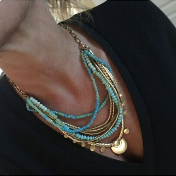 Stella & Dot Isa Gold Disc Turquoise Multi Strand Adjustable Necklace - Picture 4 of 12
